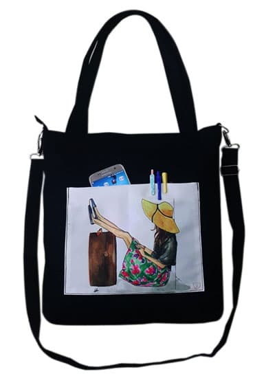 Túi tote canvas Troy phối họa tiết cô gái đội mũ